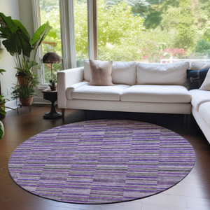 8' Purple And Lavender Round Striped Washable Indoor Outdoor Area Rug