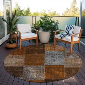 8' Orange And Taupe Round Patchwork Washable Indoor Outdoor Area Rug