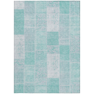8' X 10' Aqua Teal Blue And Silver Patchwork Washable Indoor Outdoor Area Rug