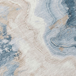 8' Beige And Navy Blue Round Abstract Washable Indoor Outdoor Area Rug