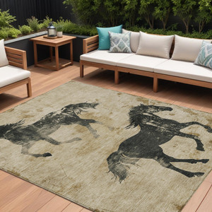 8' X 10' Beige And Charcoal Horse Washable Indoor Outdoor Area Rug