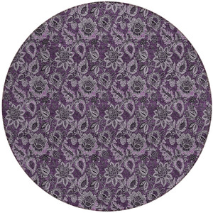 8' Eggplant Purple And Lilac Round Floral Washable Indoor Outdoor Area Rug