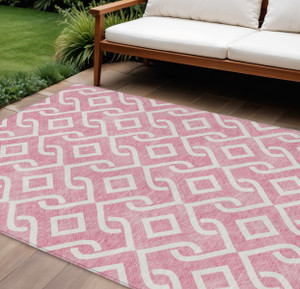 10' X 14' Blush And Ivory Geometric Washable Indoor Outdoor Area Rug
