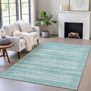 9' X 12' Aqua And Ivory Striped Washable Indoor Outdoor Area Rug