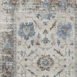 9' X 12' Beige And Blue Floral Washable Indoor Outdoor Area Rug