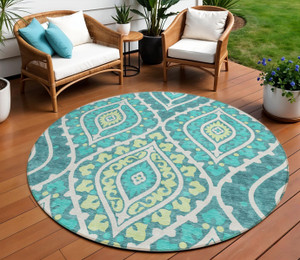 8' Teal Blue Ivory And Artichoke Green Round Floral Washable Indoor Outdoor Area Rug