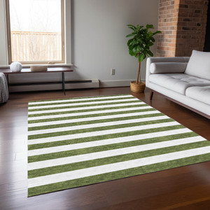 9' X 12' Olive Green Striped Washable Non Skid Indoor Outdoor Area Rug - Olive Green