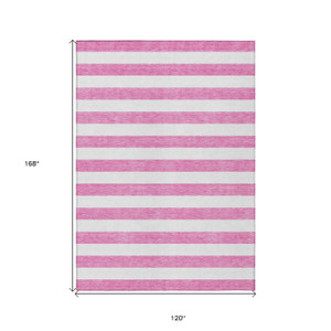 10' X 14' Pink and White Striped Washable Non Skid Indoor Outdoor Area Rug