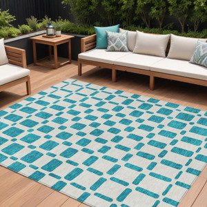 8' X 10' Teal Blue And Ivory Geometric Washable Indoor Outdoor Area Rug - 608219016630