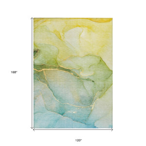 10' X 14' Green Abstract Washable Non Skid Indoor Outdoor Area Rug