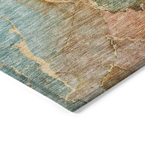 10' X 14' Copper Orange And Teal Blue Abstract Washable Indoor Outdoor Area Rug