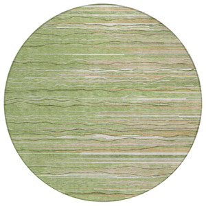 8' Green Beige And Ivory Round Striped Washable Indoor Outdoor Area Rug