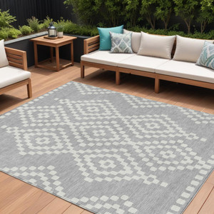 9' X 12' Silver And Ivory Geometric Washable Indoor Outdoor Area Rug - 608219377885