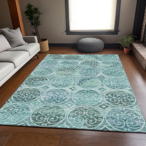 8' X 10' Teal Blue And Aqua Trellis Washable Indoor Outdoor Area Rug