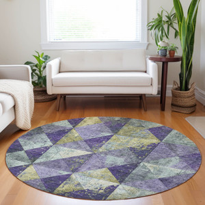8' Eggplant And Gold Round Geometric Washable Indoor Outdoor Area Rug