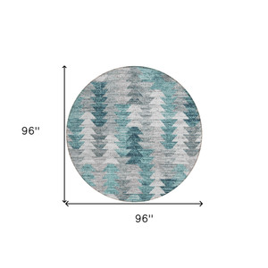8' Dark Blue Aqua And Gray Round Geometric Washable Indoor Outdoor Area Rug