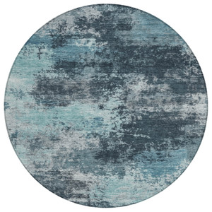 8' Teal Blue And Navy Blue Round Abstract Washable Indoor Outdoor Area Rug - Teal Blue, Navy Blue