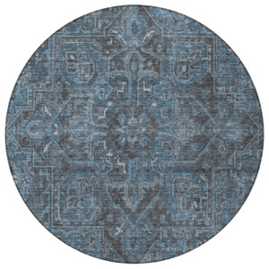 8' Black Round Oriental Washable Indoor Outdoor Area Rug