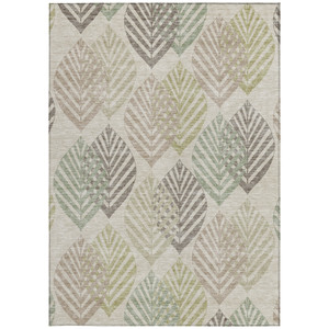 9' X 12' Beige Taupe And Artichoke Green Floral Washable Indoor Outdoor Area Rug