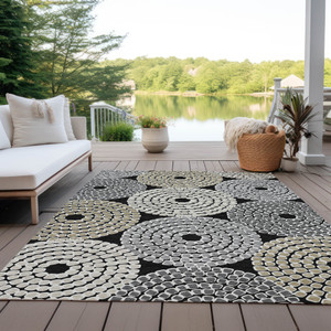 9' X 12' Black Gray And Beige Geometric Washable Indoor Outdoor Area Rug
