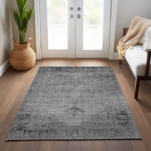 10' X 14' Gray Silver And Charcoal Oriental Washable Indoor Outdoor Area Rug - 608219033149