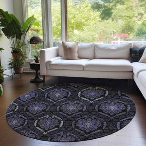 8' Purple Charcoal And Gray Round Medallion Washable Indoor Outdoor Area Rug
