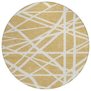 8' Gold And Ivory Round Geometric Washable Indoor Outdoor Area Rug Transitional Style - Gold, Ivory Color