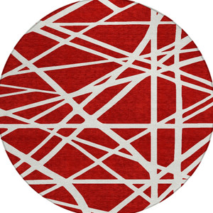 8' Red And Ivory Round Geometric Washable Indoor Outdoor Area Rug Transitional Style - Red, Ivory Color