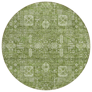 8' Artichoke Green And Ivory Round Oriental Washable Indoor Outdoor Area Rug