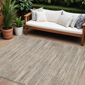 9' X 12' Taupe Gray And Ivory Striped Washable Indoor Outdoor Area Rug Transitional Style - Taupe, Gray, Ivory Color