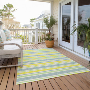 8' X 10' Blue and Yellow Striped Washable Non Skid Indoor Outdoor Area Rug