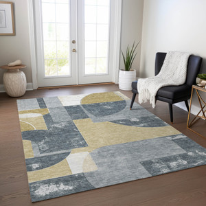 10' X 14' Gray And Gold Geometric Washable Indoor Outdoor Area Rug