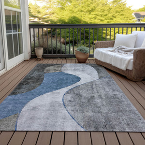 9' X 12' Denim Blue And Sky Blue Abstract Washable Indoor Outdoor Area Rug Transitional Style - Denim Blue, Sky Blue Color