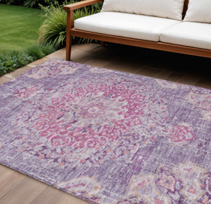 8' X 10' Purple Floral Medallion Washable Indoor Outdoor Area Rug