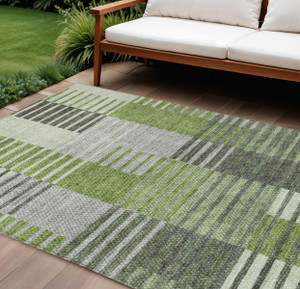 10' X 14' Green And Olive Green Striped Washable Indoor Outdoor Area Rug