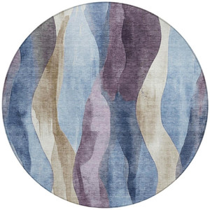 8' Denim Blue And Purple Round Abstract Washable Indoor Outdoor Area Rug