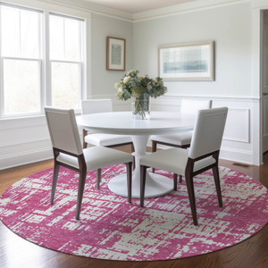 8' Blush And Ivory Round Abstract Washable Indoor Outdoor Area Rug - 608219175801