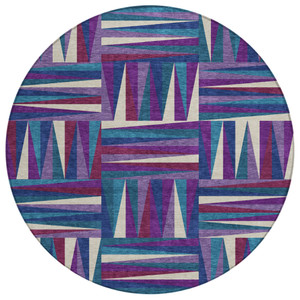 8' Purple Ivory And Teal Blue Round Geometric Washable Indoor Outdoor Area Rug