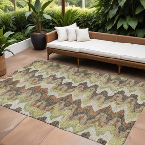 10' X 14' Chocolate Copper And Artichoke Green Abstract Washable Indoor Outdoor Area Rug