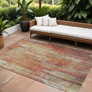 9' X 12' Orange Beige And Taupe Striped Washable Indoor Outdoor Area Rug