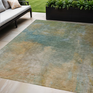 9' X 12' Artichoke Green Gray And Gold Abstract Washable Indoor Outdoor Area Rug