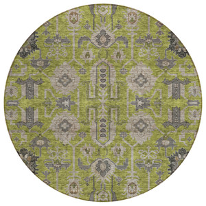 8' Olive Green Gray And Charcoal Round Oriental Washable Indoor Outdoor Area Rug