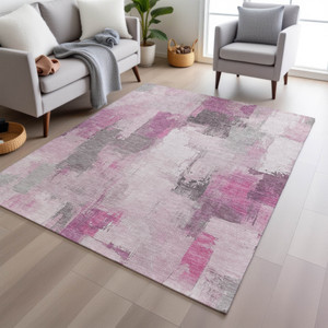 8' X 10' Pink And Silver Abstract Washable Indoor Outdoor Area Rug - Pink, Silver
