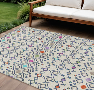 9' X 12' Linen Pink And Orange Geometric Washable Indoor Outdoor Area Rug