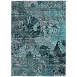 9' X 12' Teal Blue And Gray Floral Washable Indoor Outdoor Area Rug