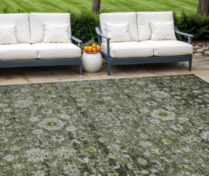 10' X 14' Green And Olive Green Oriental Washable Indoor Outdoor Area Rug