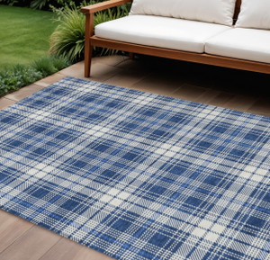 9' X 12' Navy Blue And Ivory Plaid Washable Indoor Outdoor Area Rug - 608219089672