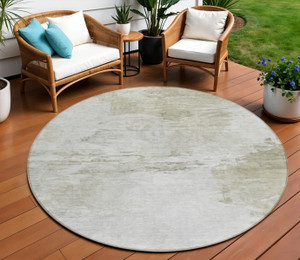 8' Ivory Beige And Taupe Round Abstract Washable Indoor Outdoor Area Rug
