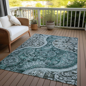 8' X 10' Teal Blue And Dark Green Floral Medallion Washable Indoor Outdoor Area Rug