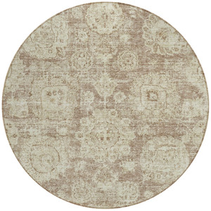 8' Brown Tan And Beige Round Floral Washable Indoor Outdoor Area Rug - 608219073183